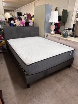 SALE Queen Bed Frame w/ Mattress | Charcoal Gray Upholstered Bed Set