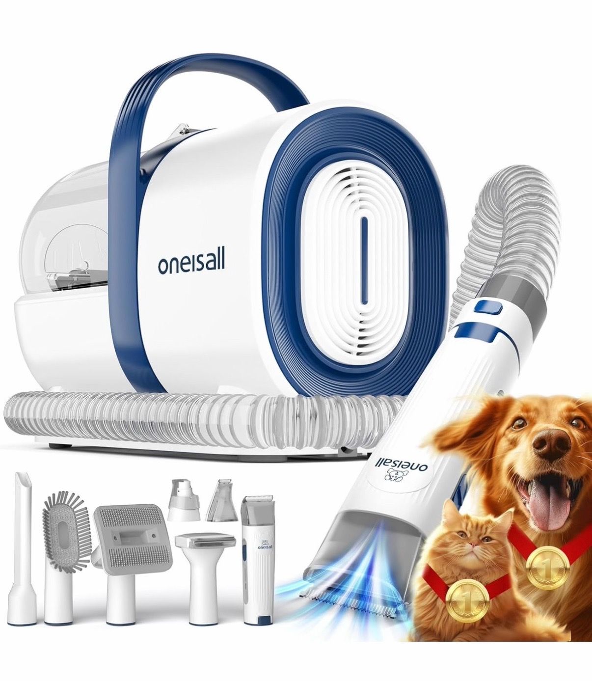 oneisall Dog Grooming Vacuum, Pet Grooming Vacuum with Clipper Nail Grinder, 1.5L Dust Cup Dog deshedding Brush with 7 Tools for Shedding Pet Hair, Ho