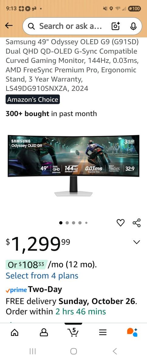 Samsung 49" Odyssey OLED G9 (G91SD) Dual QHD QD-OLED G-Sync Compatible Curved Gaming Monitor. Paid over $1300 for it but is too big on my desk . Comes
