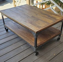 Coffee Table/Wood & steel cart/ two tier industrial trolley wheel table/Excellent condition