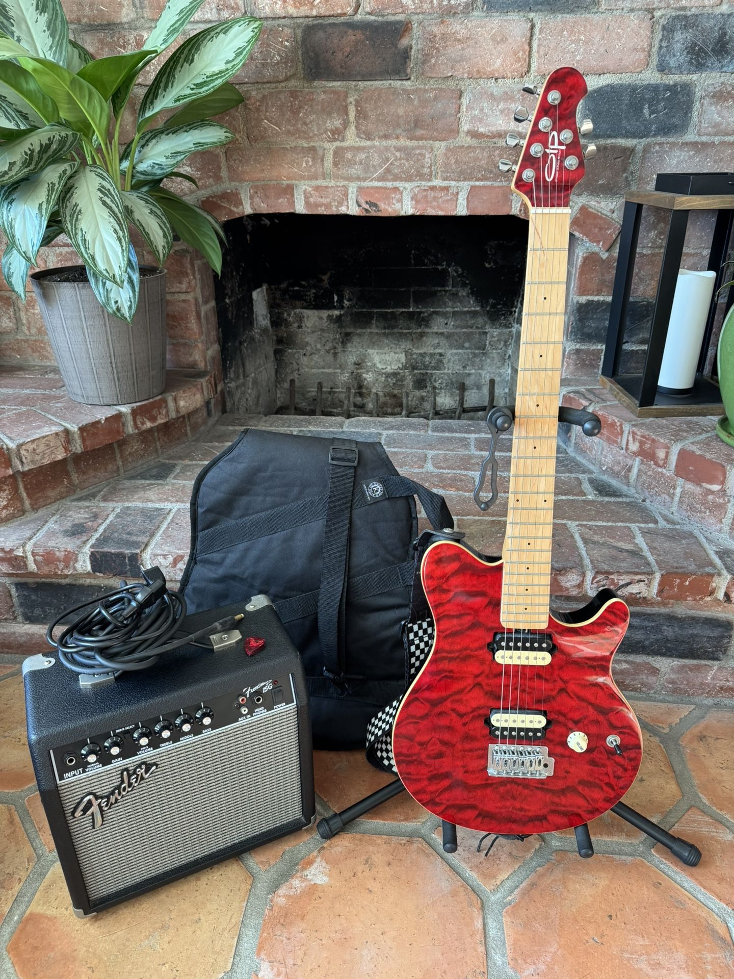 OLP Red Guitar + Amp + Stand + Case + Picks
