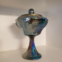 Vintage Blue Carnival Glass Covered Compote Candy Dish Harvest Grape