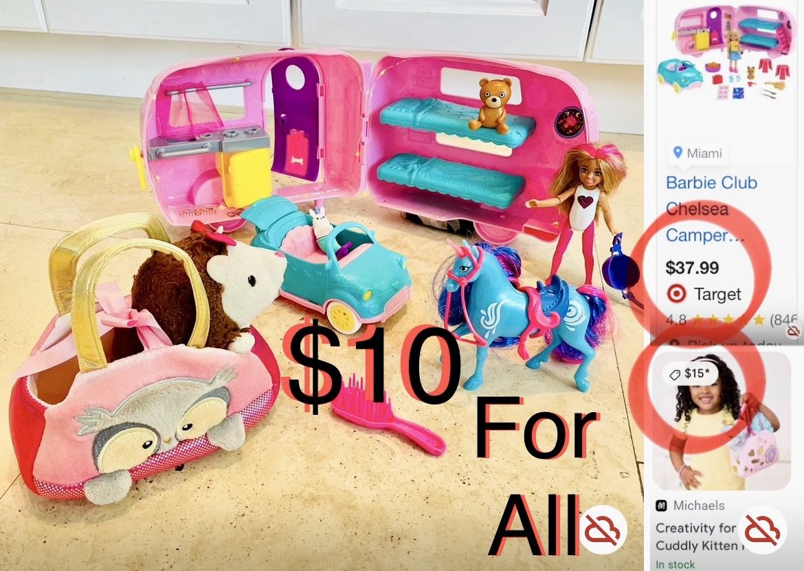 $10 Barbie Club Chelsea Camper & accessories plus a Aurora Purse Plushie all included