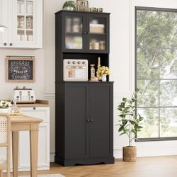 71'' Pantry Cabinet, Tall Storage Cabinet with Microwave Stand, Freestanding Kitchen Hutch with Doors and Adjustable Shelves, Mordern Food Pantry for 