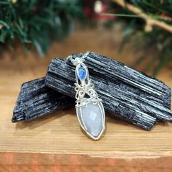 Faceted Grey Moonstone With Blue Kyanite Accent Pendant In Sterling Silver