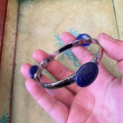 Vintage Lapis Lazuli Cuff Bracelet Hammered Silver Tone Wire Wrapped