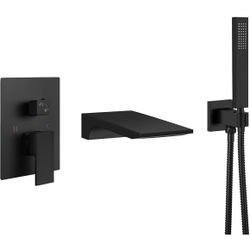 Aolemi Wall Mount Bathtub Faucet,Tub Faucet Set Waterfall Wall Mounted Tub Filler with Handheld Sprayer Single Handle,Matte Black