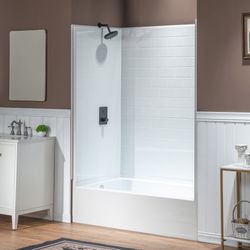 TR-6032-L+BATH-6032-WH64 Woodbridge 60” x 32” Four-Piece Direct-to-Stud Alcove Tub Surround with Left/Right -Drain Soaking Bathtub Combo in White