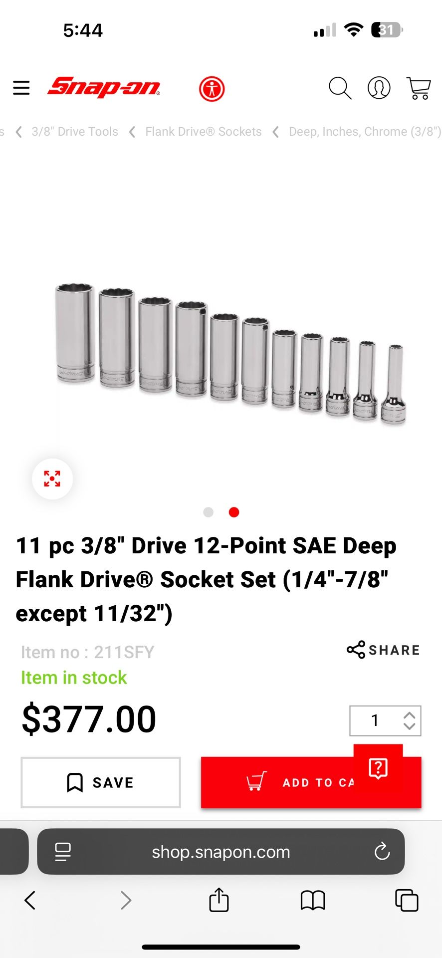 SNAP ON - 11 PC , 3/8” Deep Flank Drive Socket Set