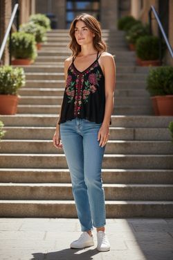 American Eagle Black embroidered Halter Mesh Camisole Tank Top Strappy Small