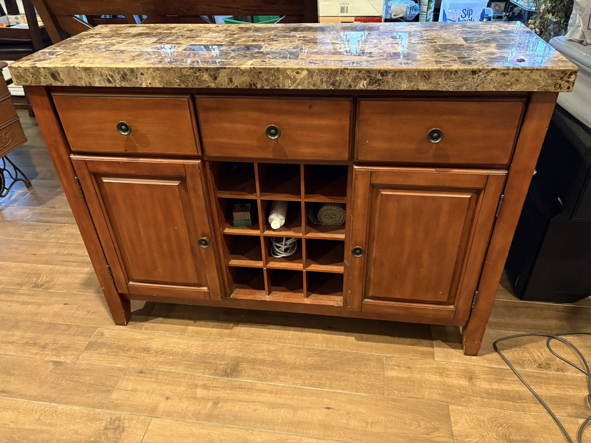 Server/Buffet table - Brown Wood And Marble Top