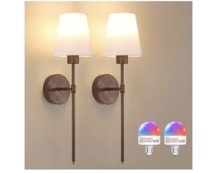 Shenmoyl-Battery Operated Wall Sconces Set of 2, Walnut Color Wall Lamp 5000 mAh Rechargeable Bulb with 12 RGB Colors Dimmable Wall Sconce for Living 