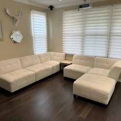 Living Spaces 6-pc White Fabric Sectional Couch Sofa Large Square Seating with Ottoman Combination Love Seat 