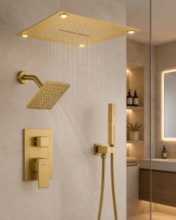 16 Inch LED Shower Head（ Rough-in Valve Body and Trim） Vanfoxle Rain shower system Brushed Gold