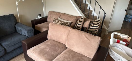 Brown and beige sofa 2 seater and 3 seater with 6 cushions