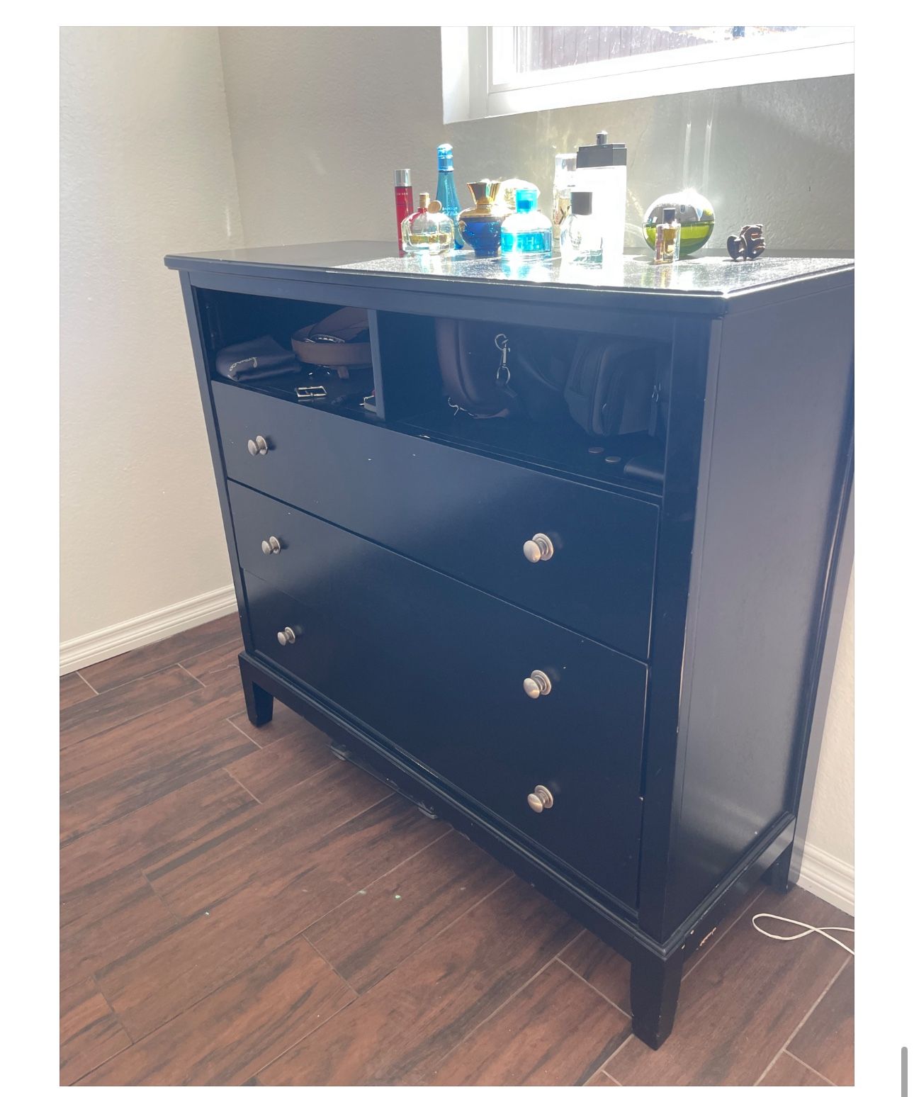 Black 3-Drawer Dresser with Open Storage – $80 OBO 🖤✨