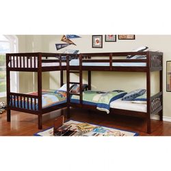 DARK WALNUT QUADRUPLE TWIN SIZE BUNKBED TRUNDLE BUNK BEDS