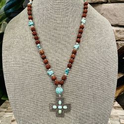 Turquoise Seals And Rudraksha Necklace With Cross Pendant 