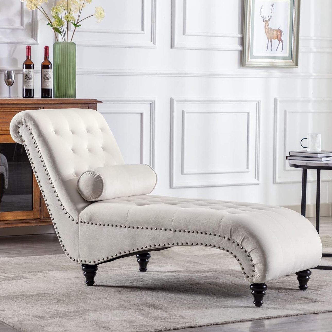 Tufted Chaise Lounge Chair Leisure Sofa Couch w/Bolster Pillow, Nailhead Trim and Turned Legs for Indoor Living Room (Creamy-Whit