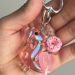 Iridescent Pink Dinosaur Keychain with Pink Candy Charms
