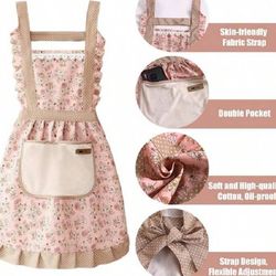 Vintage Women's Apron, With Pockets, Waterproof, Printed, Made Of Pure Cotton, Adjustable, Suitable For Cooking, Painting, Baking, Pink, Green, And Bl