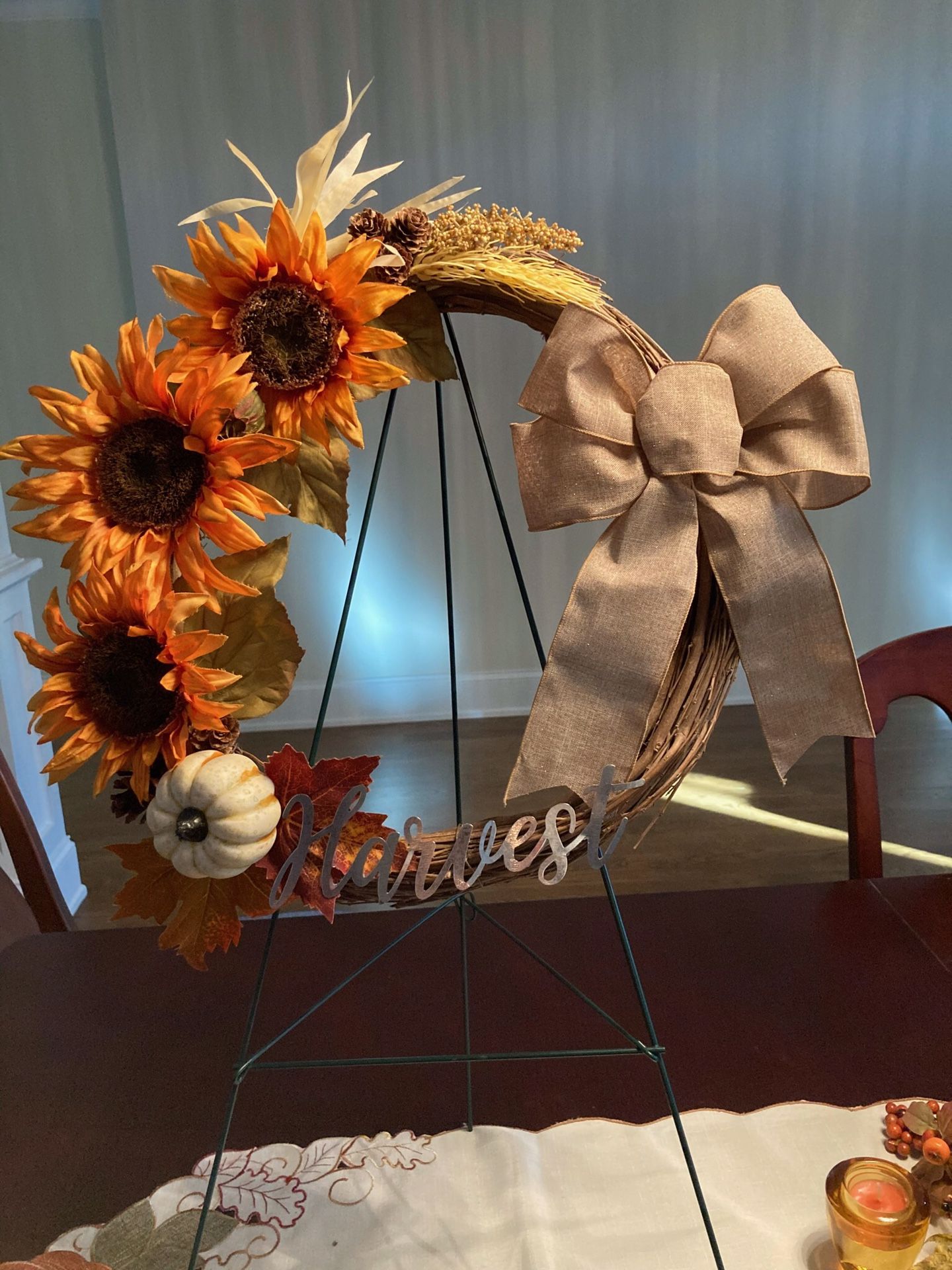 One of a kind 16” handmade fall wreath. Perfect for decorating or as a housewarming gift!