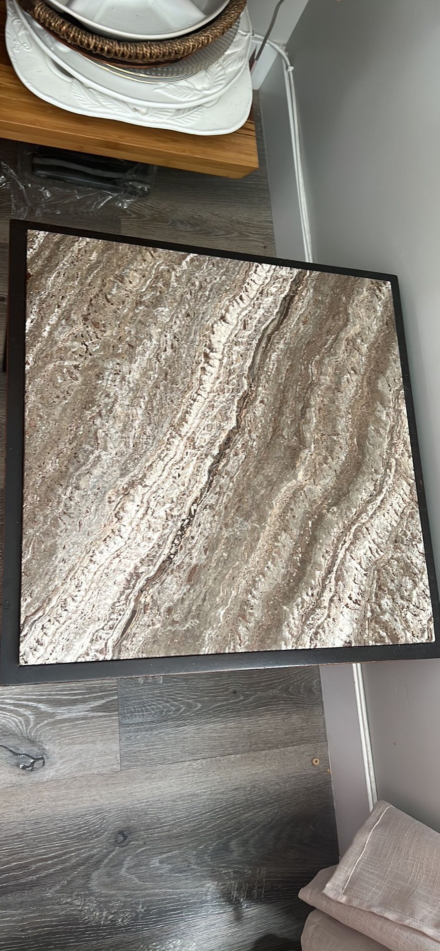 Pair Of Antique Black Lacquer Coffee Tabke With Faux Marble On Top