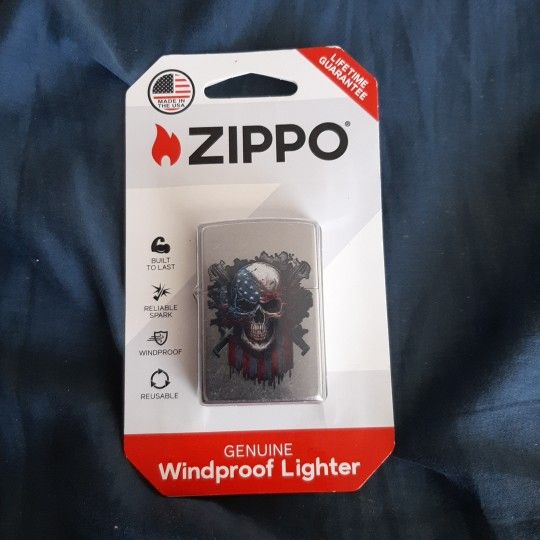 ZIPPO: Windproof Lighter W/ Free Gasket MADE IN USA NEW AMERICAN SKULL SILVER