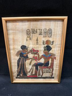 Egyptian Papyrus Painting – Pharaoh Receiving Lotus Offering, Hieroglyphs & Cartouches, Framed