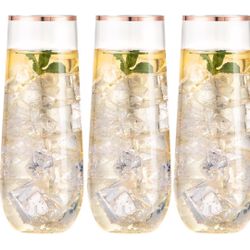 SUT 36 PCS Plastic Stemless Champagne Flutes 9 Oz Rose Gold Rim Shatterproof, Toasting Glasses, Elegant, Disposable, Cups, for Weddings, Parties, Mimo