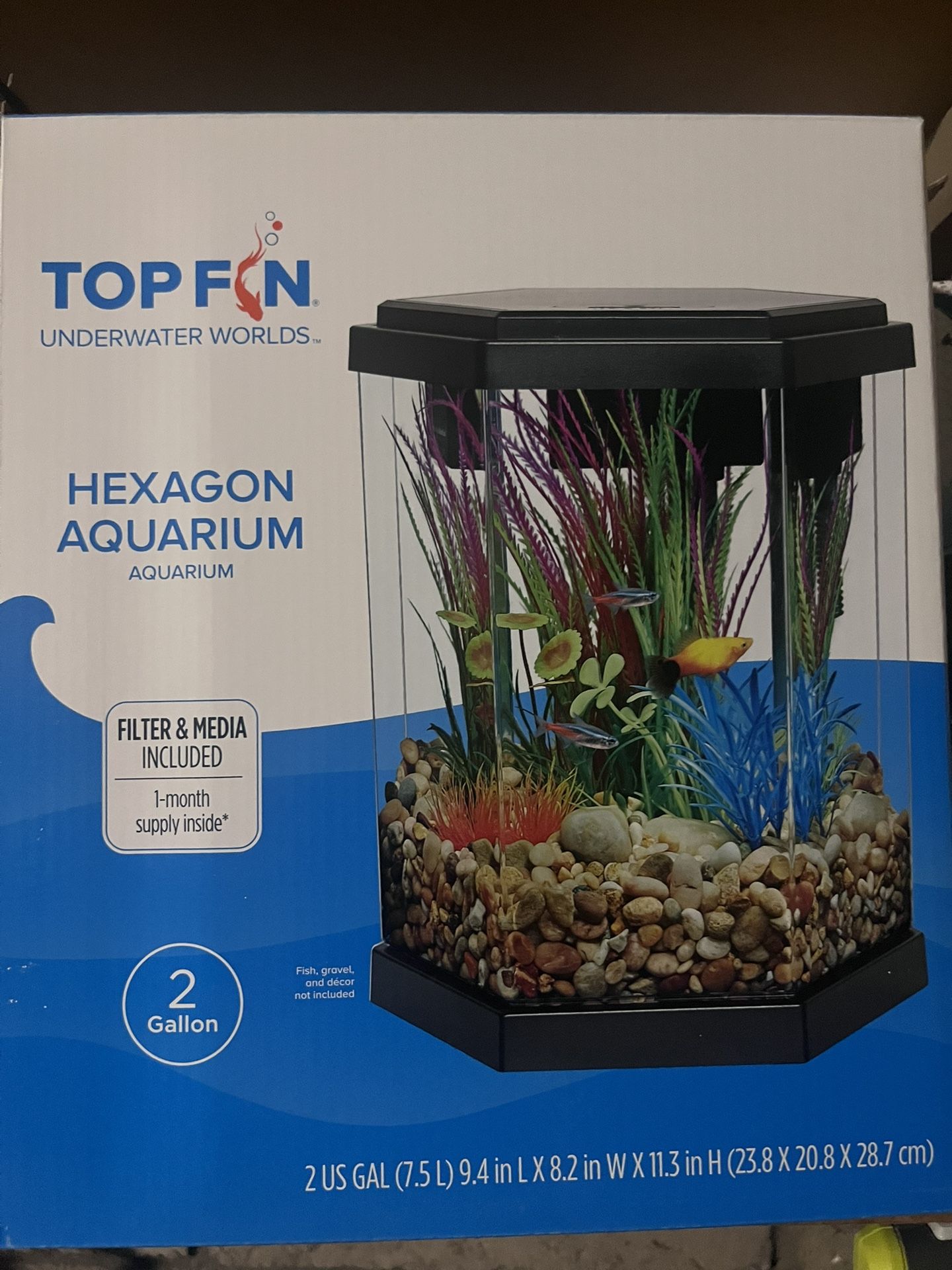 Top Fin 2 Gallon Hexagon Fish Tank W Accessories
