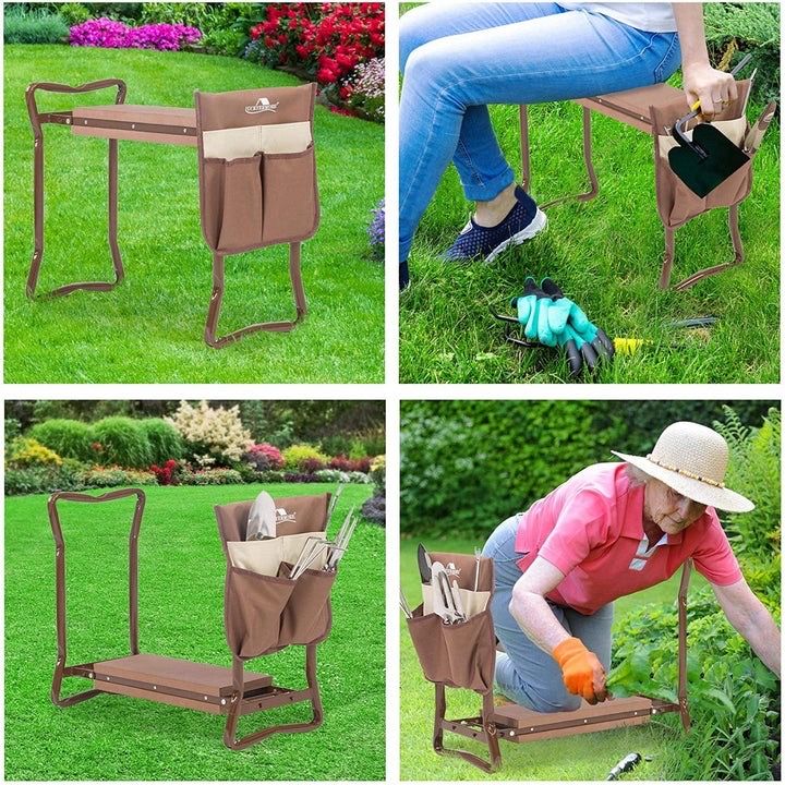 Folding Garden Kneeler Seat Foldable Bench Stool Soft Kneeling Pad w/ Tool Pouch, Coffee