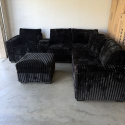 Corduroy Black Sectional Sofa L Shape Couch W/ Ottoman & USB 🛋️