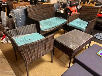4 Piece Outdoor Patio Furniture PE Rattan Wicker Table and Chairs Set with Cushions, Blue