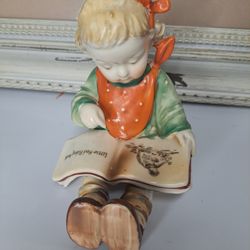 Vintage 1950's Porcelain Little Girl Reading Red Riding Hood Figurine Japan 6"