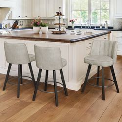26"H Counter Height Faux Leather Swivel Bar Stools, Beige Gray (Set of 3)