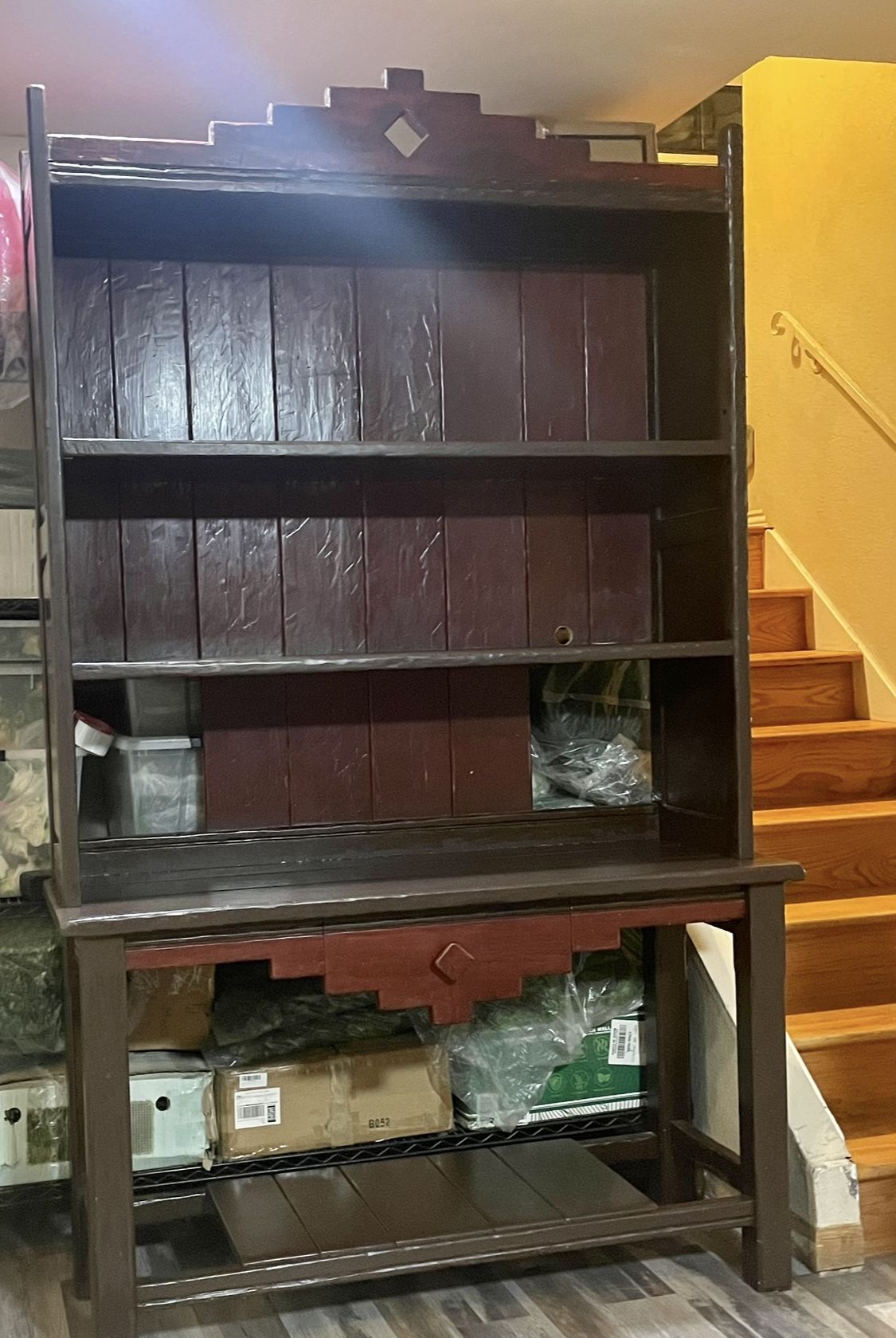 Gorgeous Large 92” Vintage Rustic Santa Fe Two Piece Mexican Hutch Bookcase Display