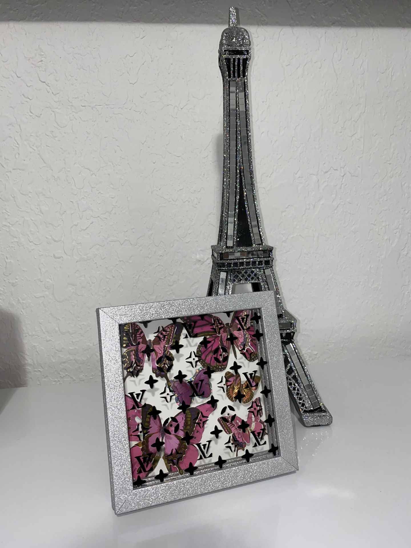 Butterfly Silver Pink Shadow Box Frame Home Decor