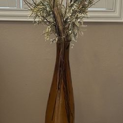 31” Tall Amber Glass Vase With Dried Flowers