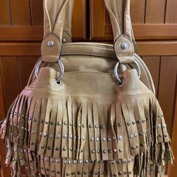 B.Makowsky brown Leather Fringe/Studded Multi pocket organizer bag