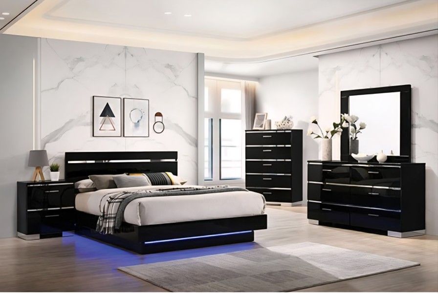 Bedroom Set 4 Pc Queen Size Black High Gloss Finish. Embedde LED Light, New Especial Price 