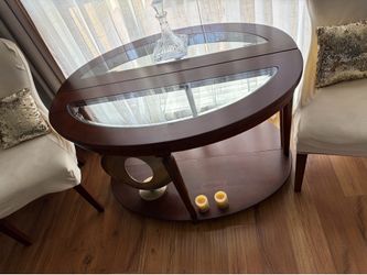 Half Round Oak wood Console Table w/ Real Glass Top  (RH Style)