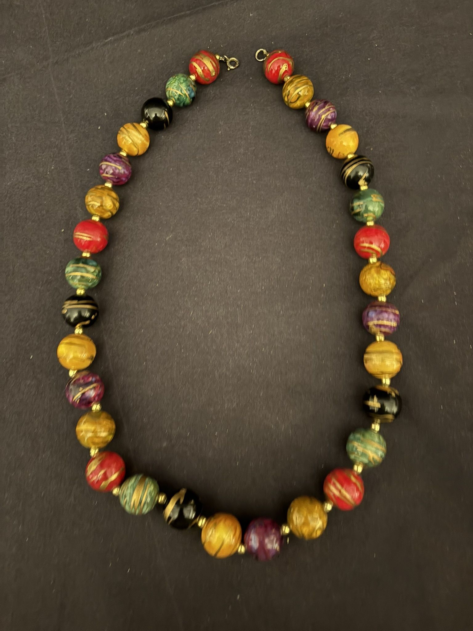 Vintage Hand Painted Wooden Bead Necklace