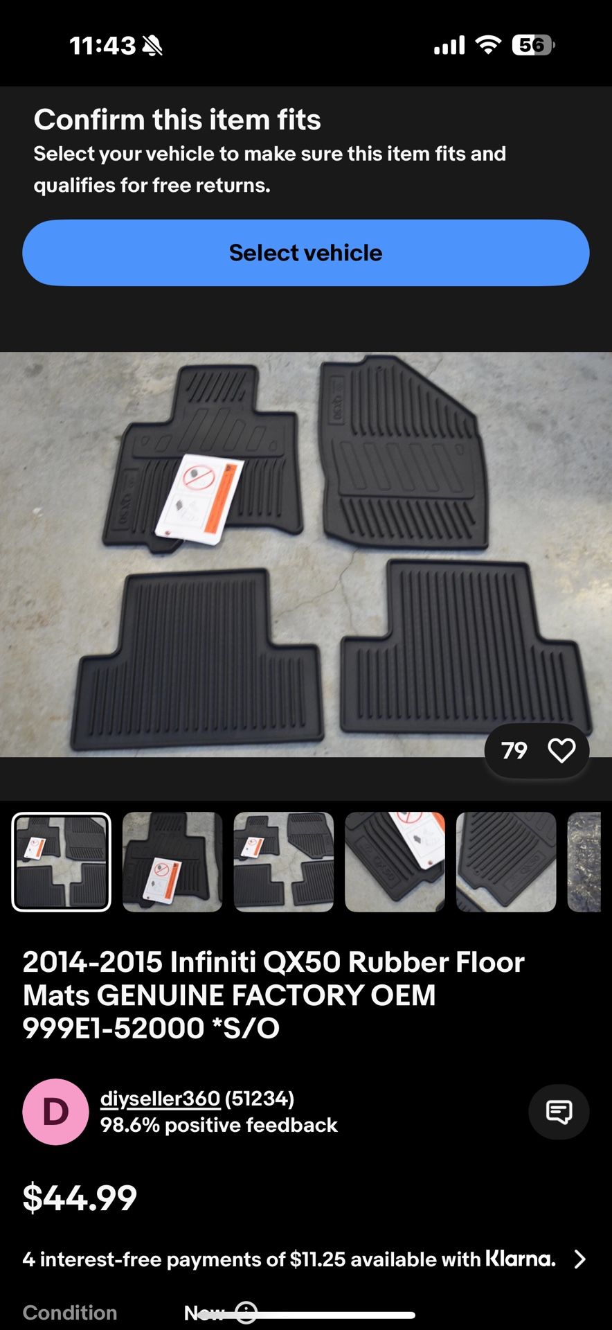 2014-2015 Infiniti QX50 Rubber Floor Mats GENUINE FACTORY OEM 999E1-52000 *S/O