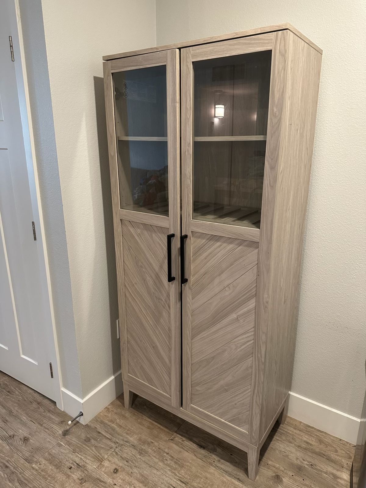 Anjalika Chevron Glass Door China Cabinet with Wine Bottle Storage