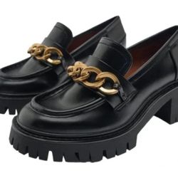  Zara black And Gold Chain Detail Lug Sole Heeled Loafers