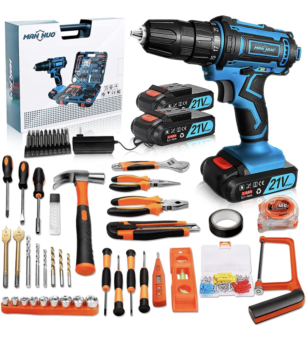 Cordless Drill Power Set, 21V Cordless Drill Set with 3000mAh Battery & Fast Charger, 117 Piece Power Tool Set Combo Kit with Power Drill Driver, Elec