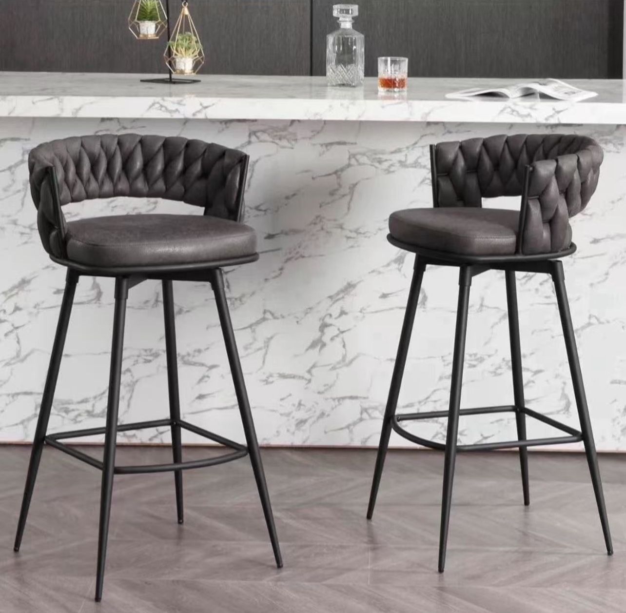 Modern Bar Stools Set of 2, 30" Bar Height Barstools, 180° Swivel Suede Fabric Stool Chairs with Woven Back and Footrest for Kitchen Island, Cafe, Pub