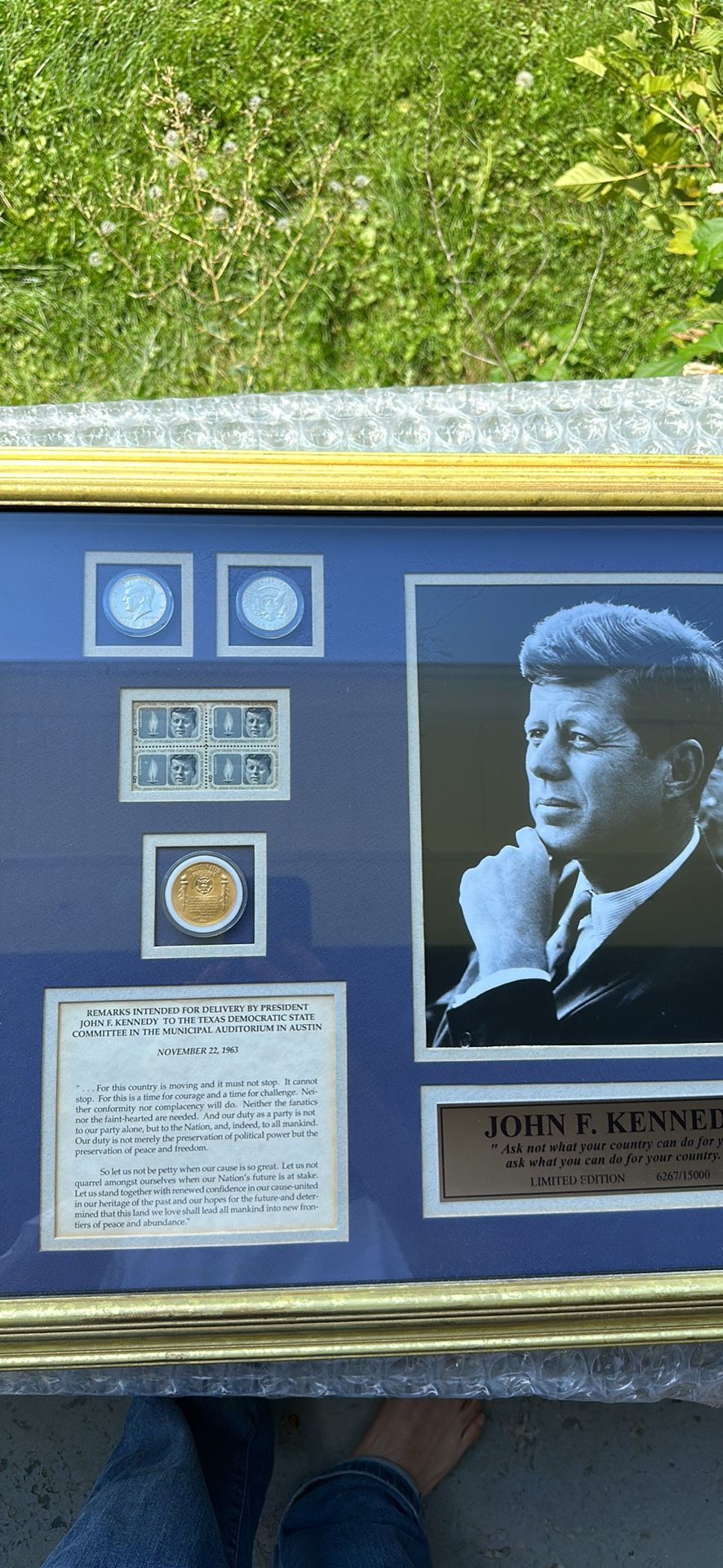JFK/John F Kennedy Framed Display w/1964 Silver Half-Dollars  & US Mint Medal