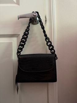 Black Croc Embossed Shoulder Bag with Chunky Chain Strap